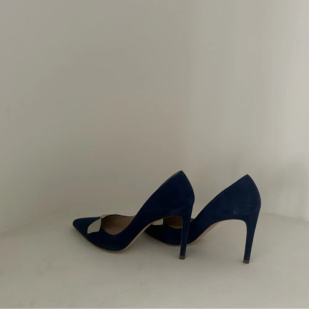 Stuart Weitzman Navy Blue Suede Pointed Toe Heels with Silver Accent - Picture 11 of 11